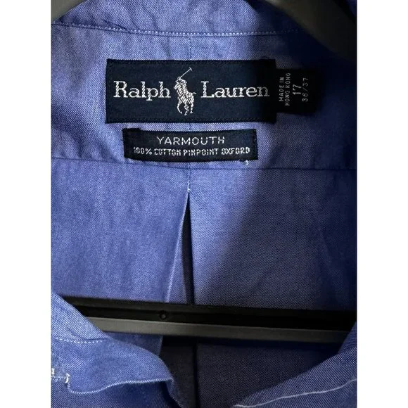 Ralph Lauren YARMOUTH Mens Sz 17 Blue Cotton Pinpoint‎ Oxford Long Sleeve Shirt - Picture 3 of 4